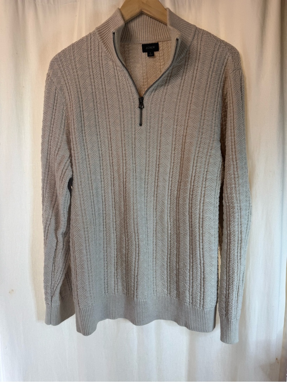 J. Crew Men's Light Beige 3/4 Zip Mock-Neck Cable Sweater